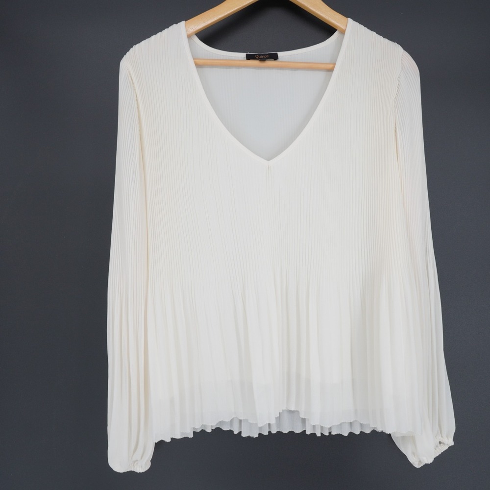 Quince Chiffon Pleated V Neck Blouse Womens S Ivory Long Sleeve Oversized Lined